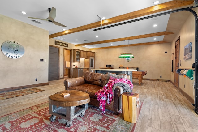 living room with recessed lighting, ceiling fan, light wood-style flooring, and beam ceiling
