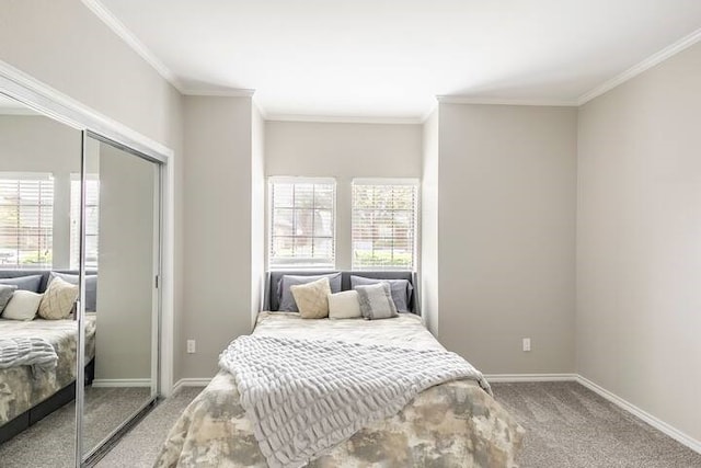 carpeted bedroom with multiple windows, crown molding, and a closet