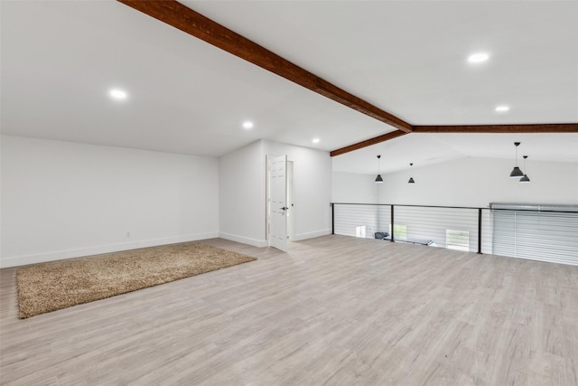 unfurnished living room with lofted ceiling with beams and light wood-type flooring