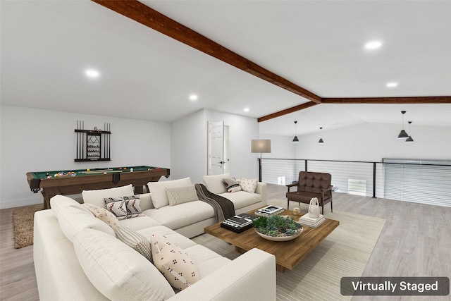 living room with vaulted ceiling with beams, pool table, and light hardwood / wood-style flooring