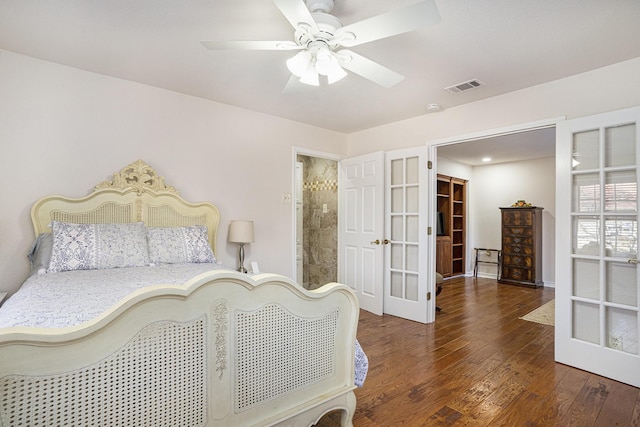 bedroom featuring dark hardwood / wood-style flooring, french doors, and ceiling fan