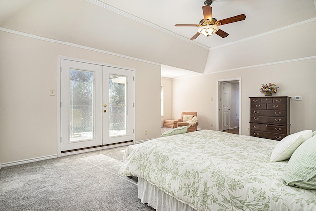 carpeted bedroom with french doors, crown molding, vaulted ceiling, ceiling fan, and access to exterior