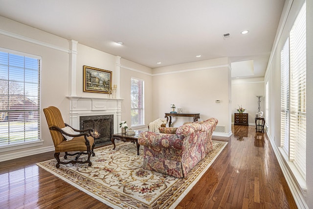 living room with a healthy amount of sunlight, a premium fireplace, and dark hardwood / wood-style flooring