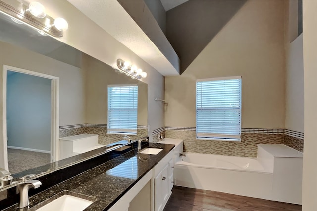 bathroom featuring vanity, lofted ceiling, and a bath