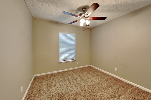 unfurnished room featuring carpet floors, a textured ceiling, and ceiling fan