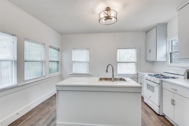 kitchen with sink, wood-type flooring, gas range gas stove, and a kitchen island with sink