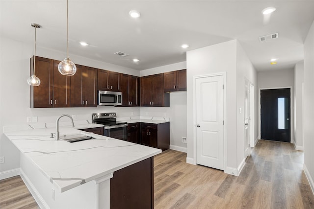 kitchen featuring kitchen peninsula, pendant lighting, appliances with stainless steel finishes, sink, and dark brown cabinetry