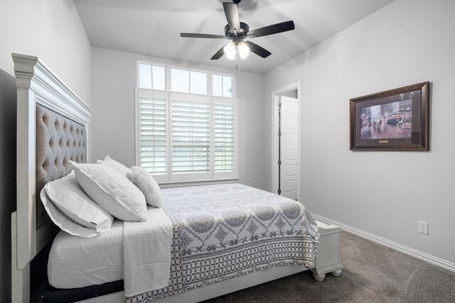 bedroom with ceiling fan and carpet flooring