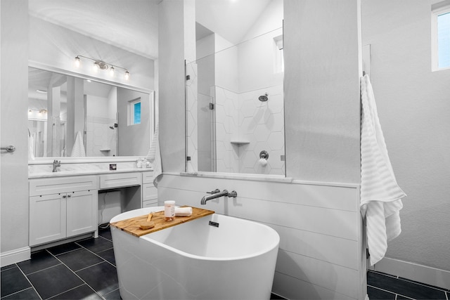 bathroom with vanity, separate shower and tub, and tile patterned flooring