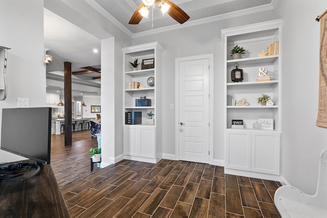 interior space with crown molding and ceiling fan