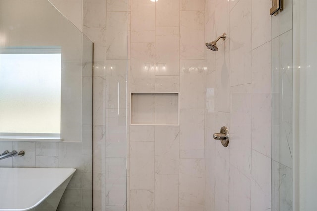 bathroom with tile walls and plus walk in shower