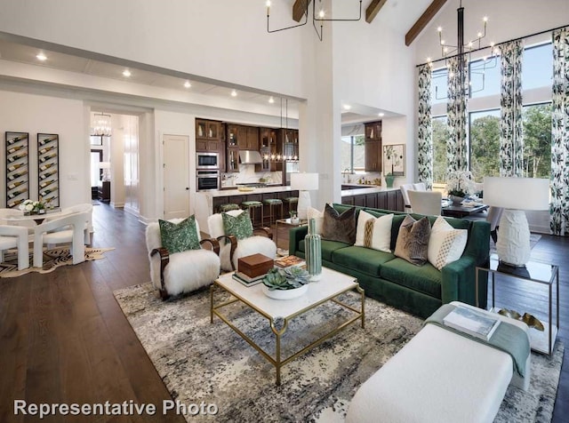 living room featuring dark wood-type flooring, beamed ceiling, and a notable chandelier