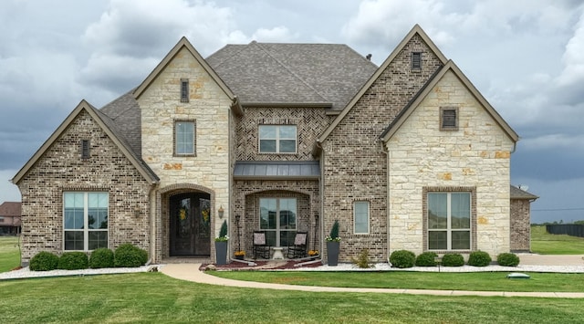 view of front of property with french doors and a front lawn