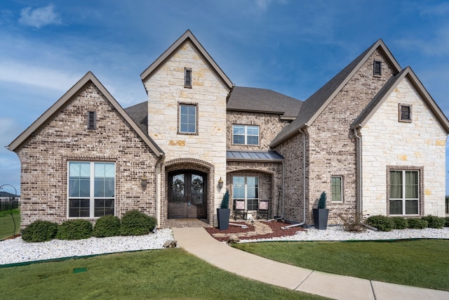 view of front of property with french doors and a front lawn