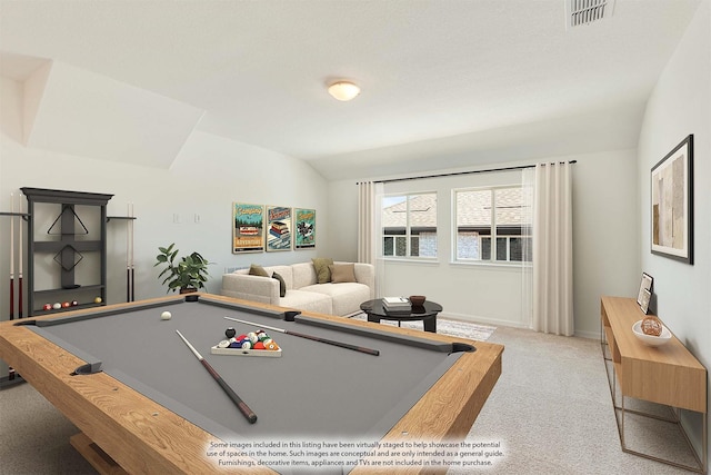 game room featuring billiards, light carpet, and lofted ceiling