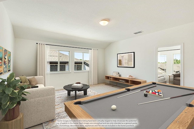 rec room with plenty of natural light, vaulted ceiling, and billiards