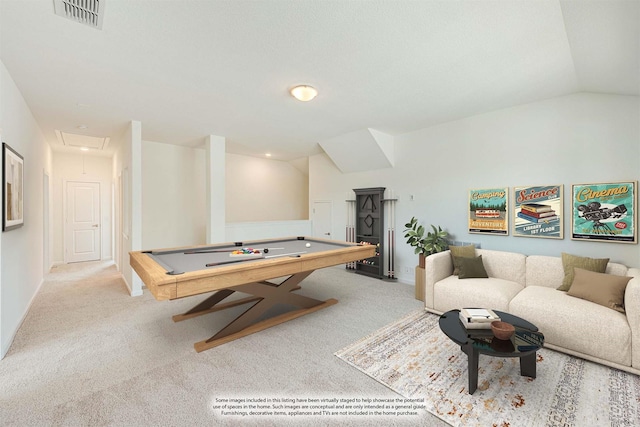 recreation room with pool table, light carpet, and vaulted ceiling