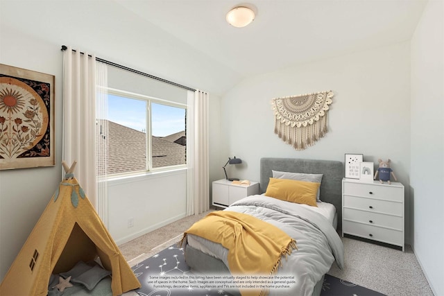 carpeted bedroom featuring vaulted ceiling