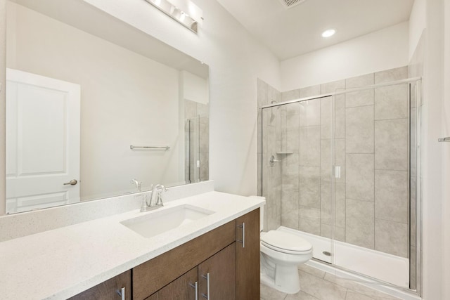 full bath with tile patterned flooring, a shower stall, toilet, and vanity