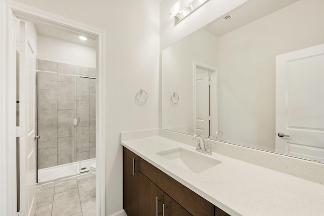 full bath featuring toilet, visible vents, vanity, tile patterned floors, and a stall shower