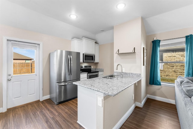 kitchen featuring appliances with stainless steel finishes, white cabinetry, sink, kitchen peninsula, and dark hardwood / wood-style floors