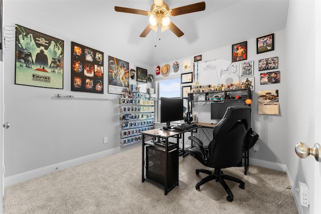 home office with ceiling fan and carpet flooring