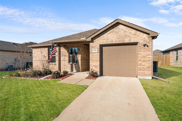 single story home with a garage, central AC, and a front yard