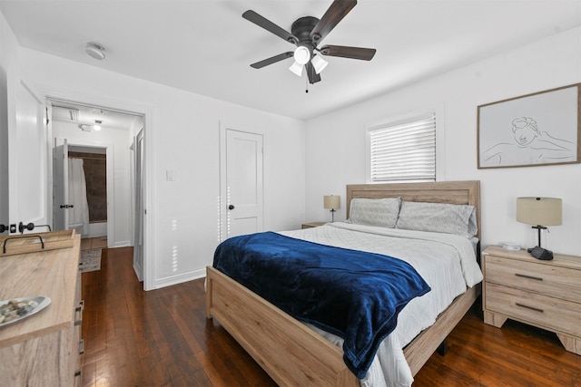 bedroom with ceiling fan and dark hardwood / wood-style floors