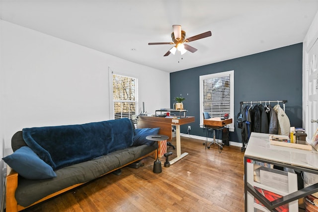 office space featuring hardwood / wood-style flooring and ceiling fan