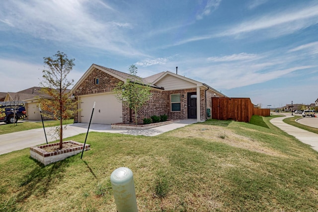 ranch-style house featuring a garage and a front lawn