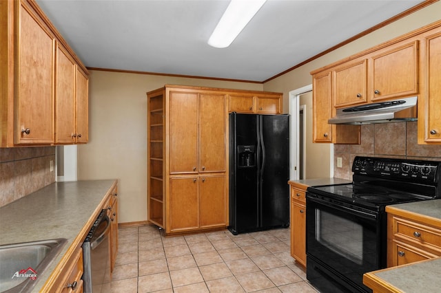 kitchen with black appliances, decorative backsplash, sink, light tile patterned flooring, and crown molding