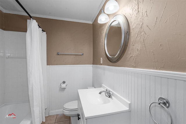 full bathroom featuring tile patterned flooring, vanity, shower / tub combo, toilet, and ornamental molding