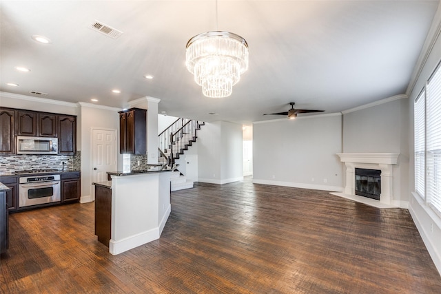 kitchen featuring backsplash, dark brown cabinets, dark hardwood / wood-style floors, and appliances with stainless steel finishes