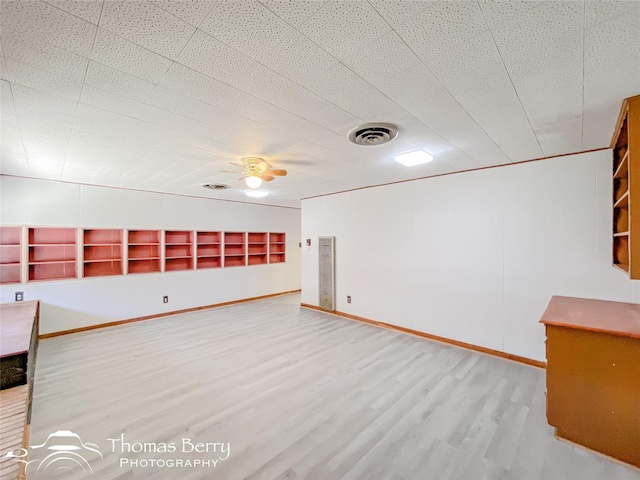 unfurnished living room with ceiling fan and light hardwood / wood-style flooring