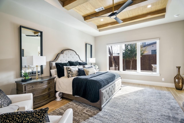 bedroom featuring light hardwood / wood-style flooring, wooden ceiling, a tray ceiling, ceiling fan, and beam ceiling