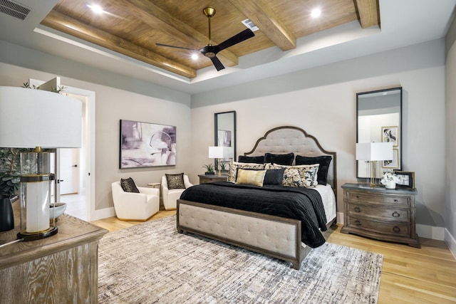 bedroom with light hardwood / wood-style flooring, ceiling fan, a tray ceiling, wooden ceiling, and beamed ceiling