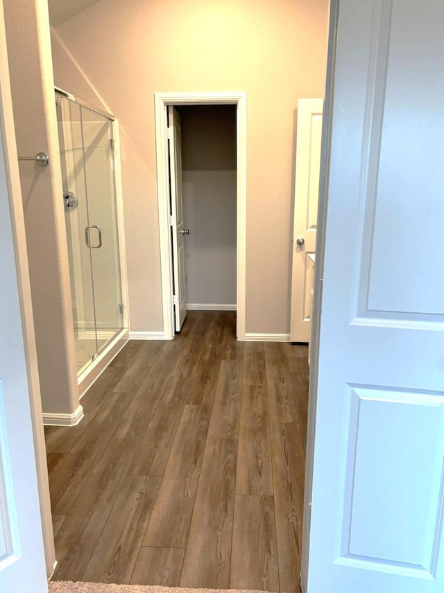 bathroom featuring hardwood / wood-style flooring and a shower with shower door