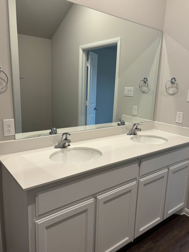 bathroom featuring vanity and hardwood / wood-style floors