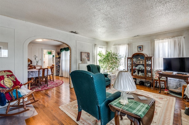 living room with hardwood / wood-style flooring, plenty of natural light, and a textured ceiling