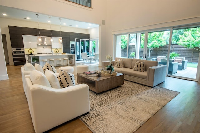 living room with a towering ceiling and light hardwood / wood-style flooring