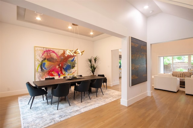 dining space with hardwood / wood-style flooring and a raised ceiling