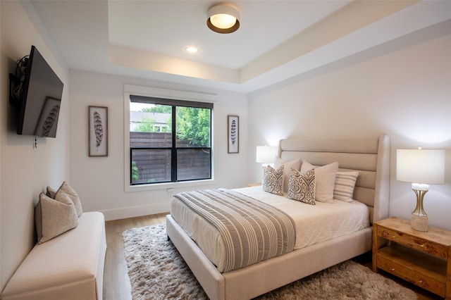 bedroom with a raised ceiling and hardwood / wood-style floors