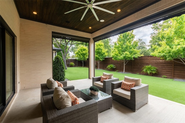 view of patio / terrace featuring ceiling fan and an outdoor hangout area