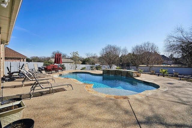 view of pool with pool water feature and a patio