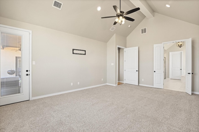 unfurnished bedroom featuring ceiling fan, light colored carpet, high vaulted ceiling, and beam ceiling