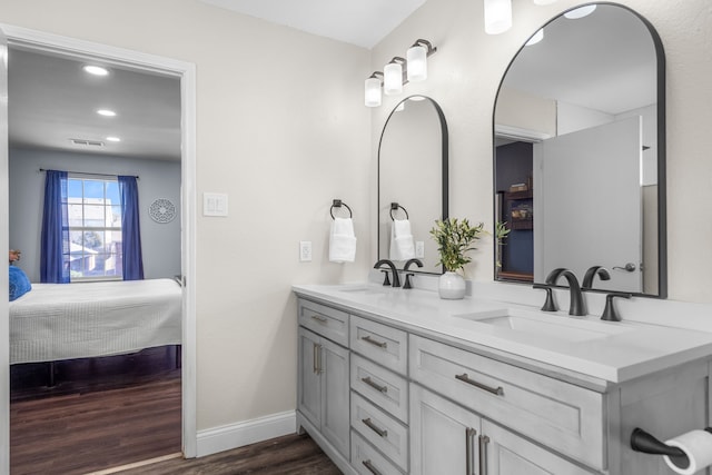 bathroom with hardwood / wood-style flooring and vanity