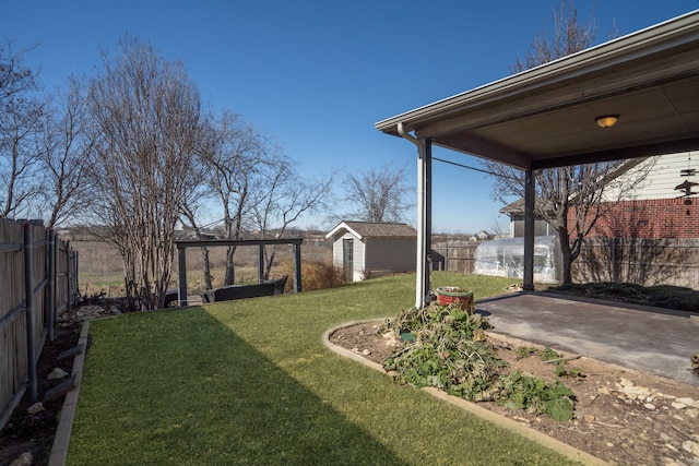 view of yard featuring a patio area and a storage unit