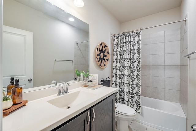 full bathroom featuring tile patterned floors, toilet, vanity, and shower / bath combination with curtain