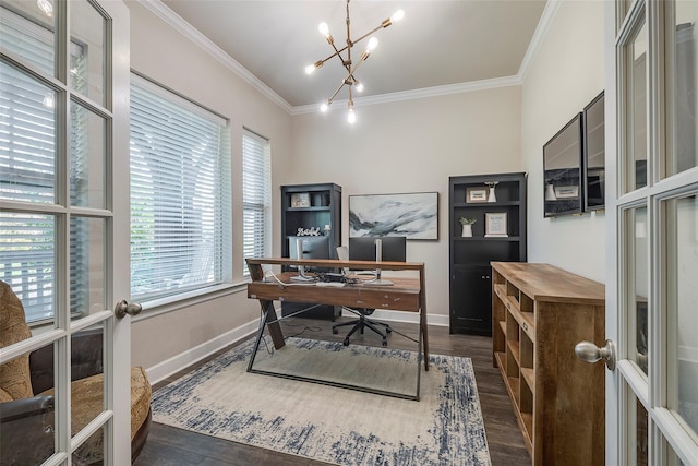 office area featuring dark hardwood / wood-style floors, crown molding, french doors, and a healthy amount of sunlight