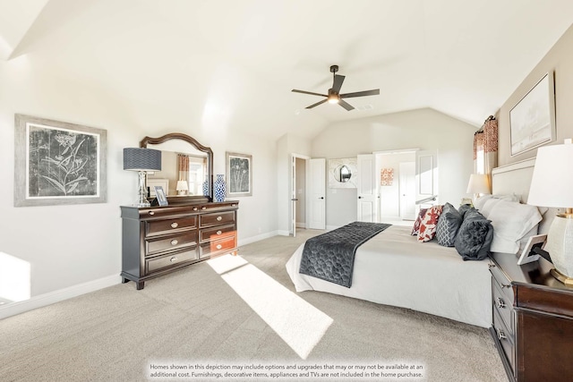 carpeted bedroom with lofted ceiling and ceiling fan